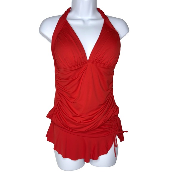La Blanca Other - La Blanca Tankini Swimsuit Womens 8 10 Red Halter Skirted Ruched Swim Top
